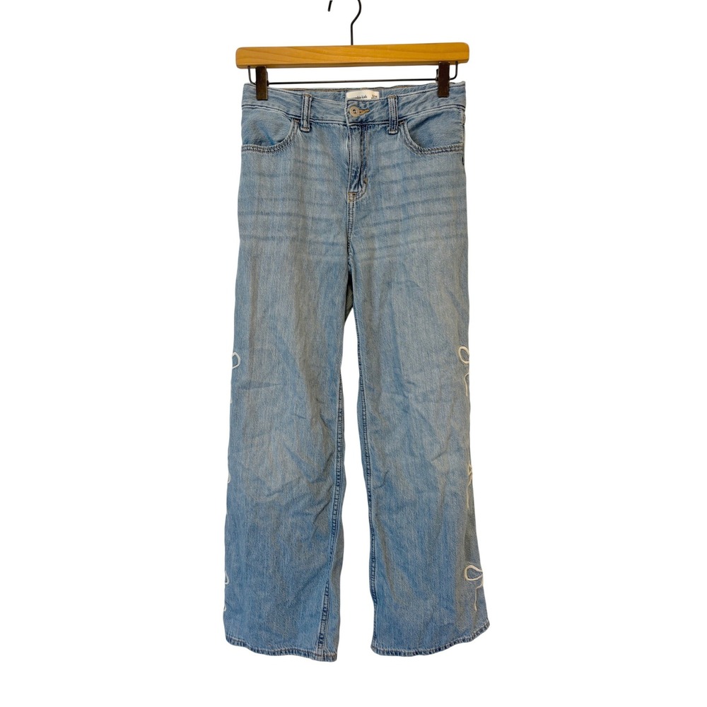Abercrombie Kids High Rise Ultra Wide Leg Jeans Light Wash Bow Detail Size 13/14 - Picture 1 of 5